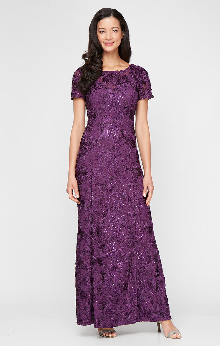 Petite Long Rosette A-Line Gown with Sequin Detail & Short Illusion Sleeves