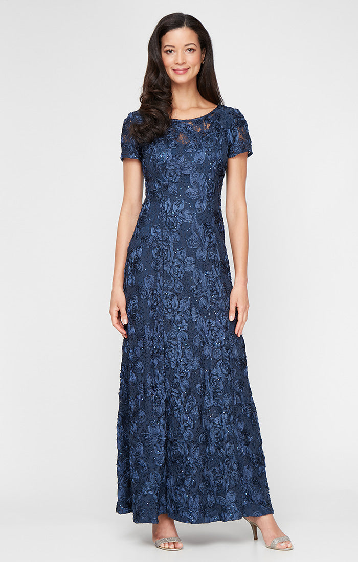 Petite Long Rosette A-Line Gown with Sequin Detail & Short Illusion Sleeves
