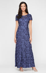 Petite Long Rosette A-Line Gown with Sequin Detail & Short Illusion Sleeves
