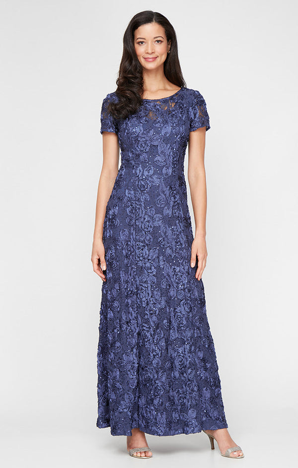Rosette A-Line Gown with Sequin Detail & Short Illusion Sleeves