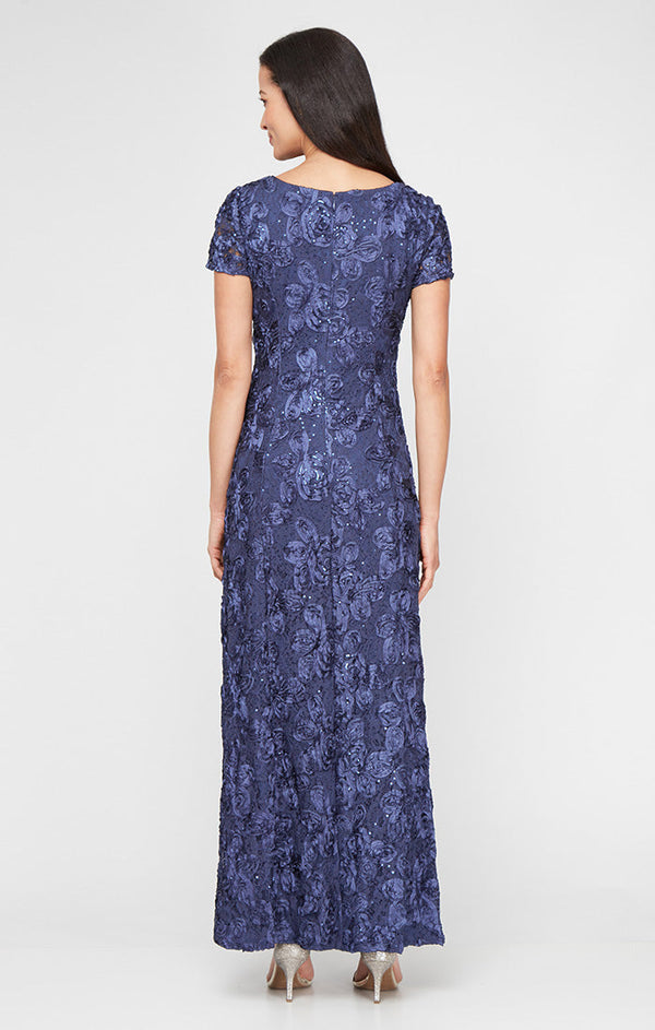 Rosette A-Line Gown with Sequin Detail & Short Illusion Sleeves