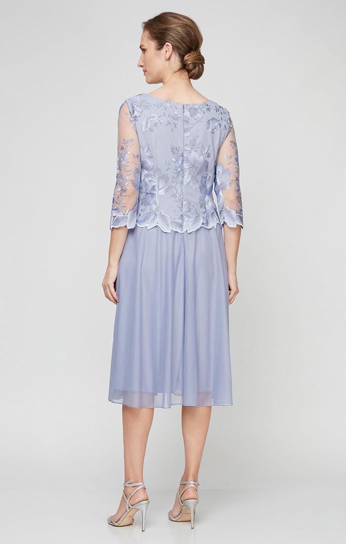 Tea-Length Embroidered Dress with Illusion Sleeves, Scallop Detail and Full Skirt
