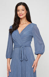 Long Micro Pleated Foil Mesh Dress with Surplice Neckline, Bubble Hem Sleeves and Tie Waist