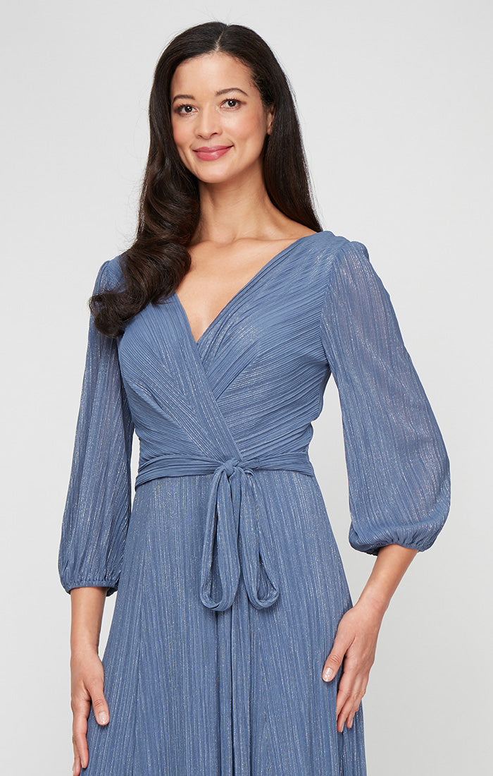 Long Micro Pleated Foil Mesh Dress with Surplice Neckline, Bubble Hem Sleeves and Tie Waist
