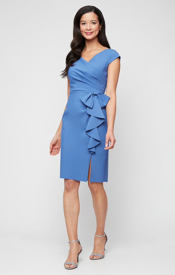 Short Contour Collection Sheath Dress with Surplice Neckline and Cascade Bow Detail Skirt