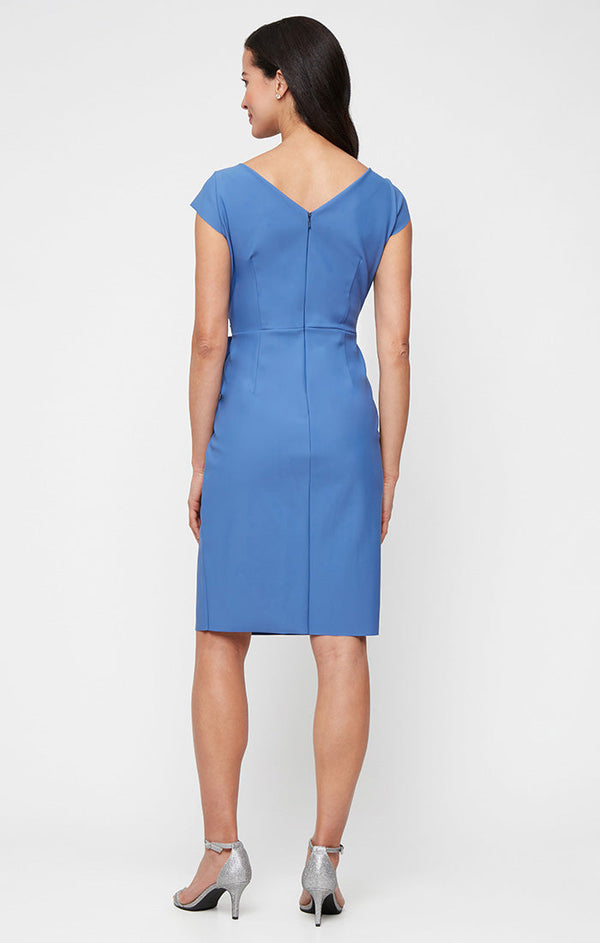 Short Contour Collection Sheath Dress with Surplice Neckline and Cascade Bow Detail Skirt