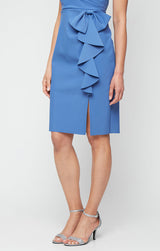 Short Contour Collection Sheath Dress with Surplice Neckline and Cascade Bow Detail Skirt