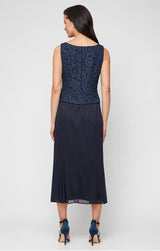 Tea Length Textured Jacquard Mock Jacket Dress with Scoop Neck Bodice