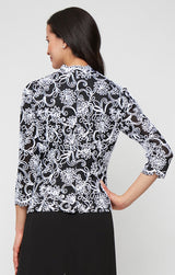 Embroidered Blouse with Center Front Scallop Detail and Illusion Sleeves