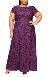 Plus Rosette A-Line Gown with Sequin Detail & Short Illusion Sleeves