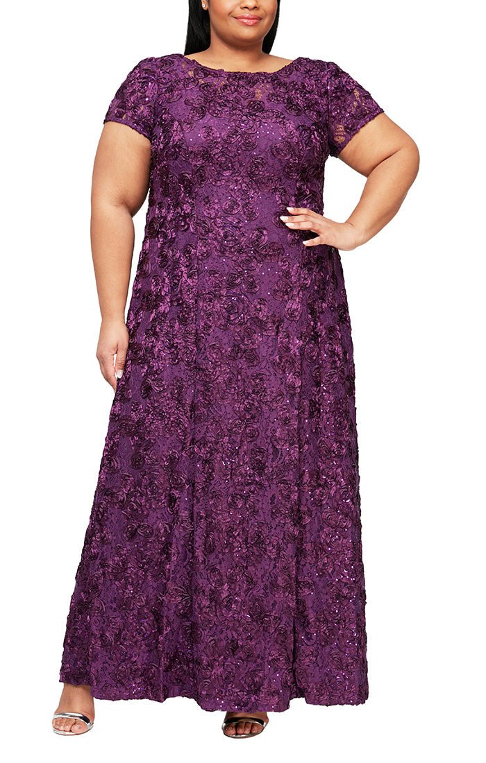 Plus Rosette A-Line Gown with Sequin Detail & Short Illusion Sleeves